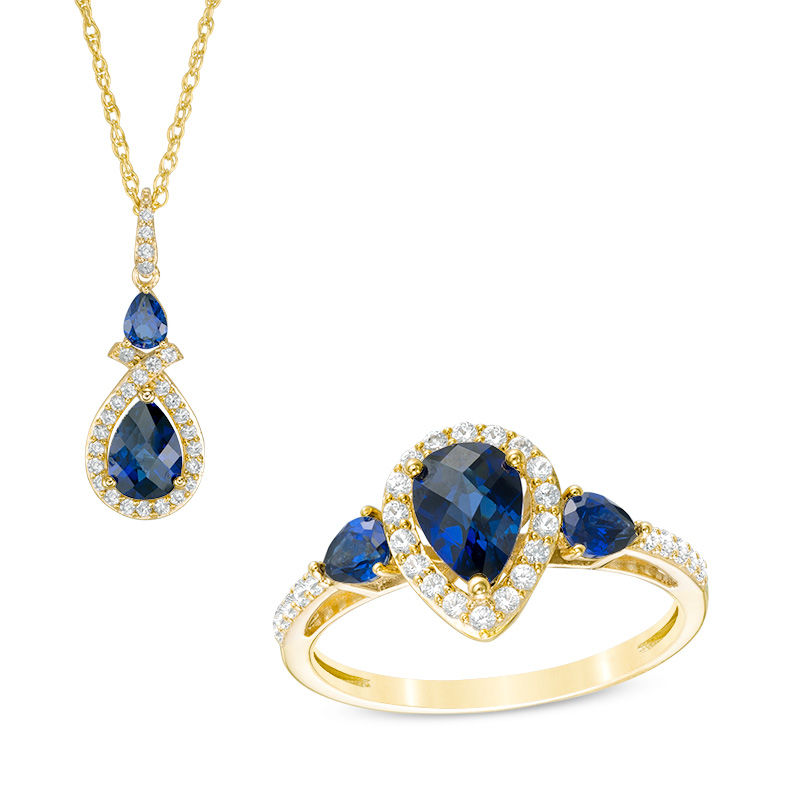 Pear-Shaped Lab-Created Blue and White Sapphire Frame Pendant and Ring Set in 10K Gold|Peoples Jewellers
