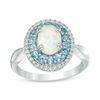 Thumbnail Image 0 of Oval Lab-Created Opal, White Sapphire and Blue Topaz Double Frame Ring in Sterling Silver