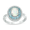 Oval Lab-Created Opal, White Sapphire and Blue Topaz Double Frame Ring in Sterling Silver