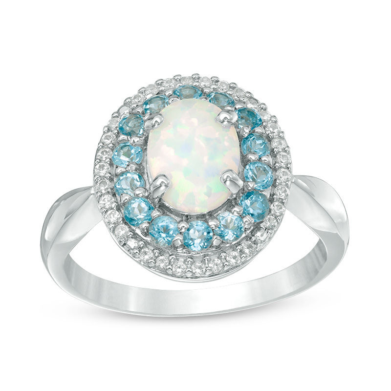 Oval Lab-Created Opal, White Sapphire and Blue Topaz Double Frame Ring in Sterling Silver