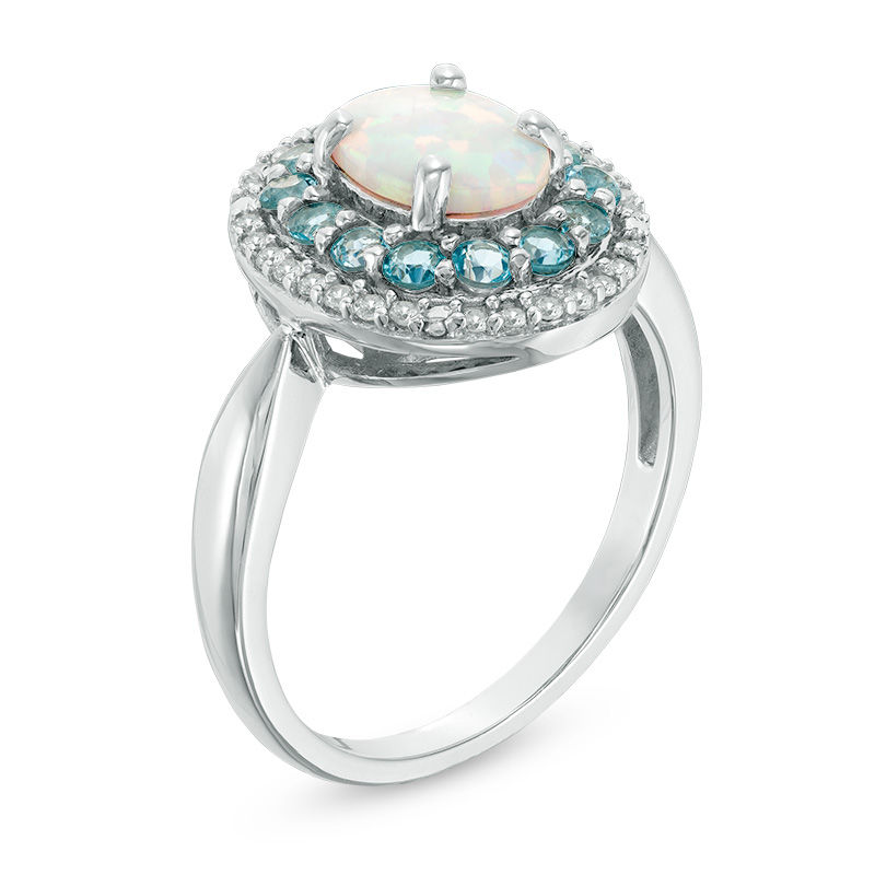 Oval Lab-Created Opal, White Sapphire and Blue Topaz Double Frame Ring in Sterling Silver