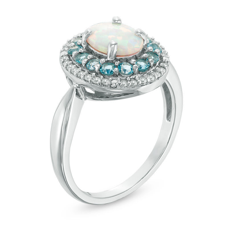 Main Image 2 of Oval Lab-Created Opal, White Sapphire and Blue Topaz Double Frame Ring in Sterling Silver