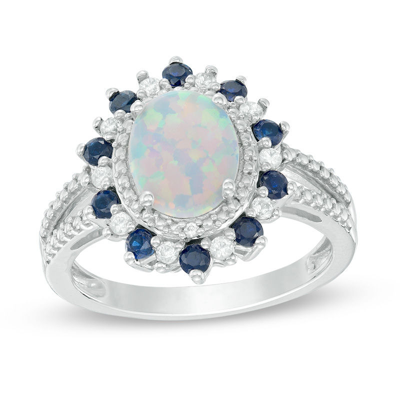 Oval Lab-Created Opal, Blue and White Sapphire Frame Split Shank Ring in Sterling Silver