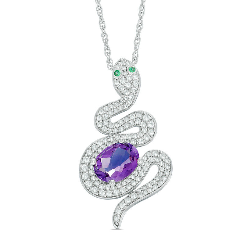 Main Image 1 of Oval Amethyst, Lab-Created Emerald and White Sapphire Snake Pendant in Sterling Silver