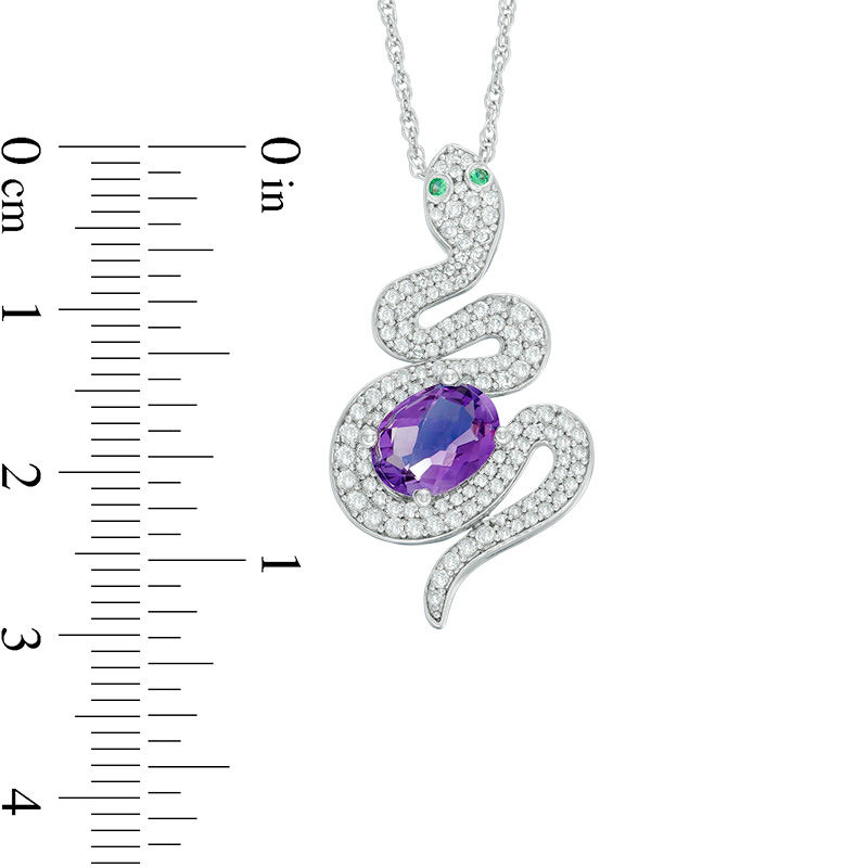 Main Image 2 of Oval Amethyst, Lab-Created Emerald and White Sapphire Snake Pendant in Sterling Silver