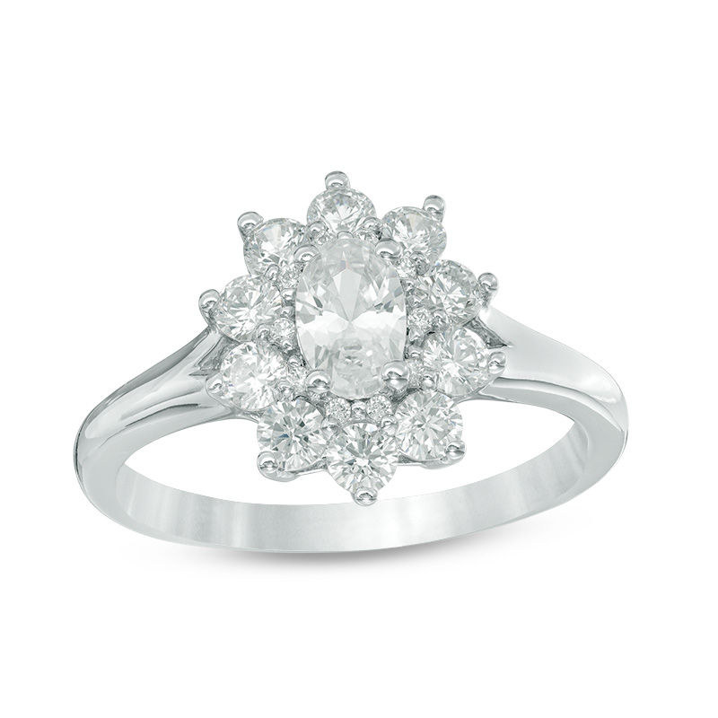 Oval Lab-Created White Sapphire Starburst Frame Ring in Sterling Silver|Peoples Jewellers