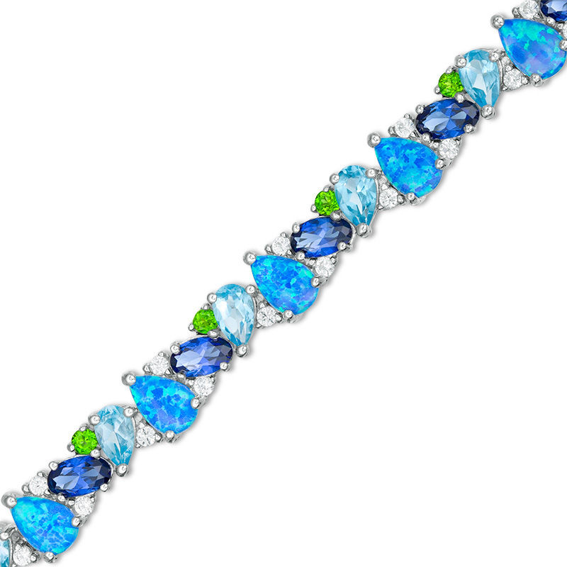 Multi-Gemstone Cluster and Lab-Created White Sapphire Bracelet in Sterling Silver - 7.25"