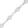 Thumbnail Image 1 of Oval White Lab-Created Sapphire Sunburst Frame and Infinity Link Bracelet in Sterling Silver - 7.5"