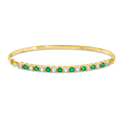 Lab-Created Emerald and White Sapphire Bangle in Sterling Silver with 14K Gold Plate - 7.5"