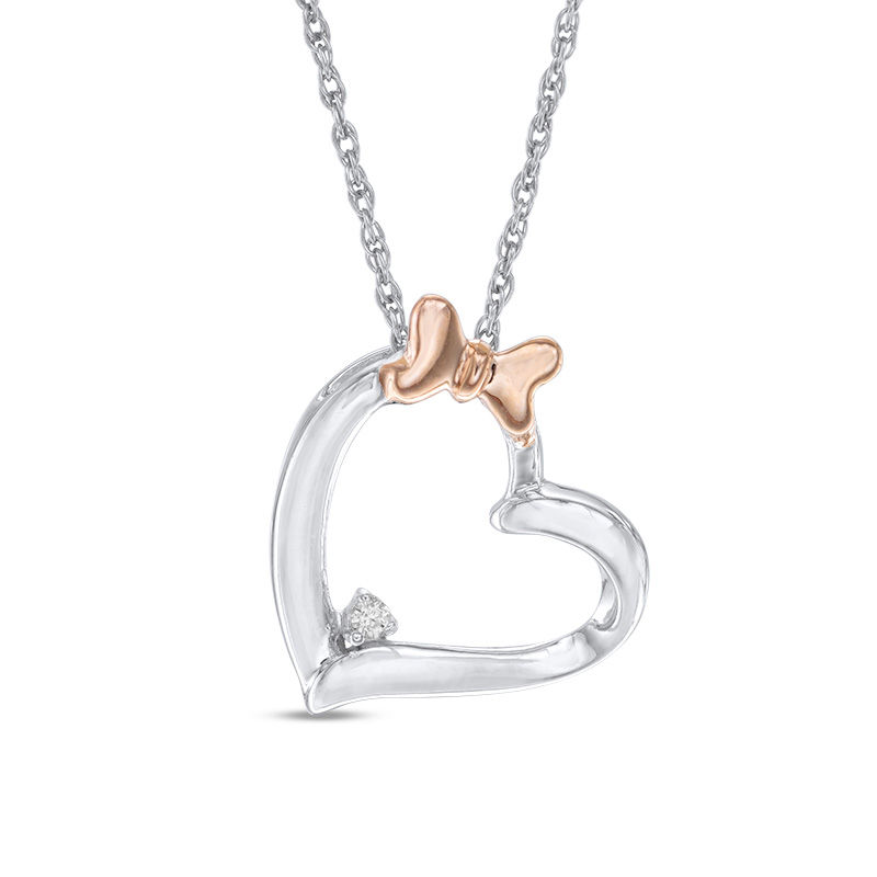 Diamond Accent Tilted Heart with Bow Pendant in Sterling Silver and 10K Rose Gold|Peoples Jewellers