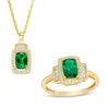 Thumbnail Image 0 of Cushion-Cut Lab-Created Emerald and White Sapphire Frame Pendant and Ring Set in 10K Gold