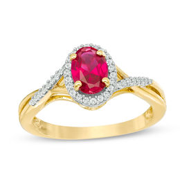 Oval Lab-Created Ruby and 0.13 CT. T.W. Diamond Frame Split Shank Ring in 10K Gold