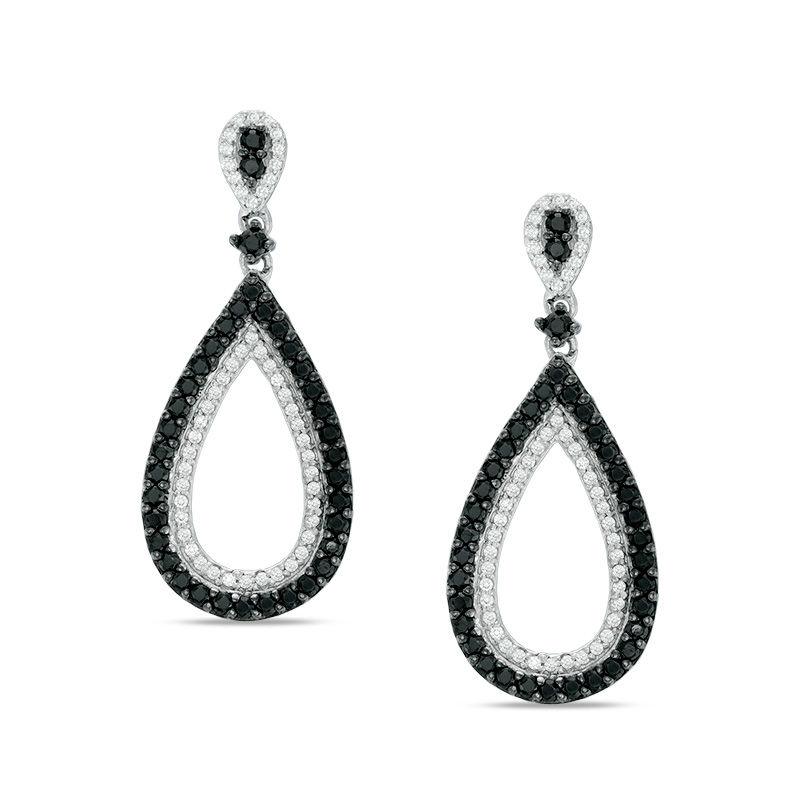 0.95 CT. T.W. Enhanced Black and White Diamond Open Teardrop Earrings in 10K White Gold