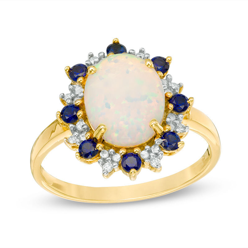 Oval Lab-Created Opal, Blue and White Sapphire Starburst Frame Ring in ...