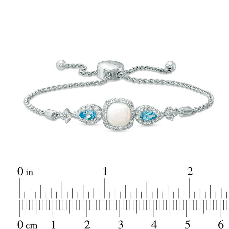 7.0mm Cushion-Cut Lab-Created Opal, White Sapphire and Swiss Blue Topaz Bolo Bracelet in Sterling Silver - 9.0"