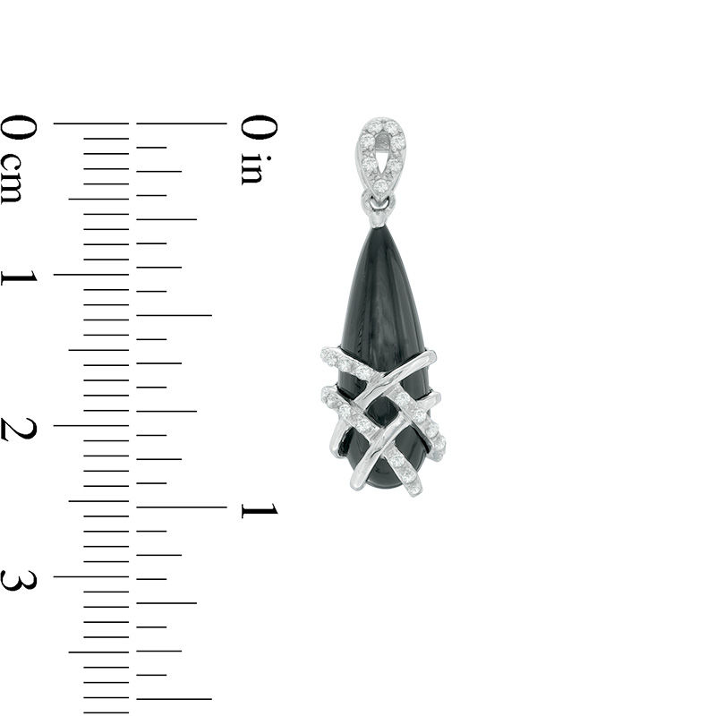 Main Image 2 of Pear-Shaped Onyx and Lab-Created White Sapphire Lattice Overlay Drop Earrings in Sterling Silver