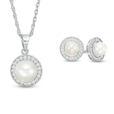 Button Freshwater Cultured Pearl and Lab-Created White Sapphire Frame Pendant and Stud Earrings Set in Sterling Silver