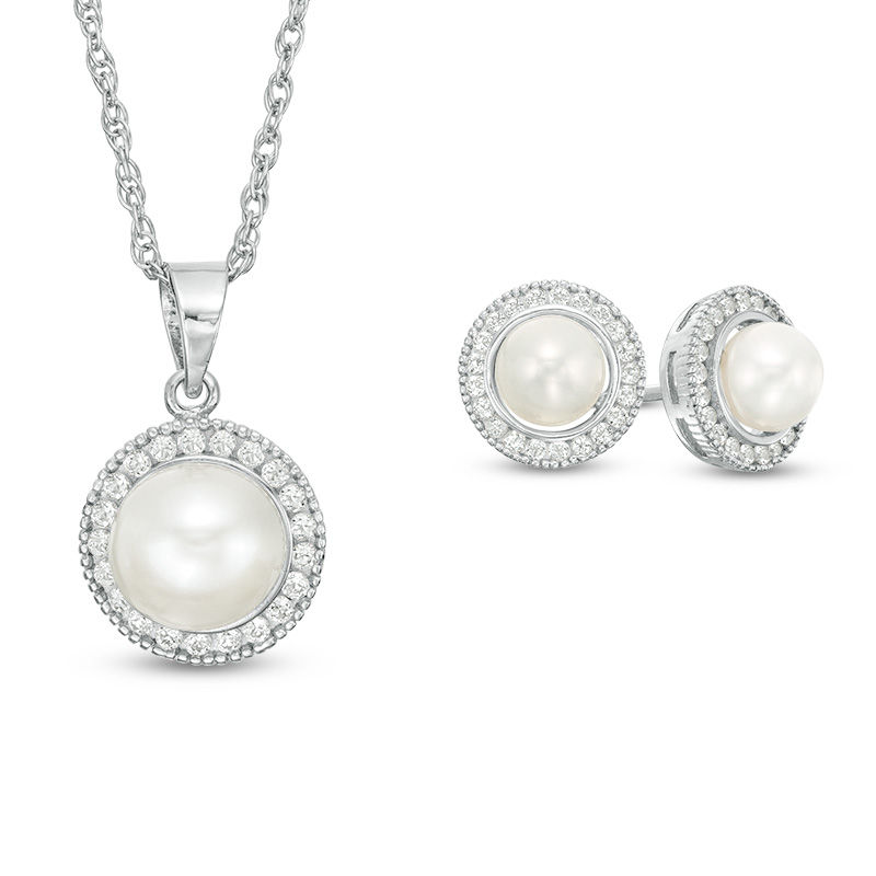 Button Cultured Freshwater Pearl and Lab-Created White Sapphire Frame Pendant and Stud Earrings Set in Sterling Silver