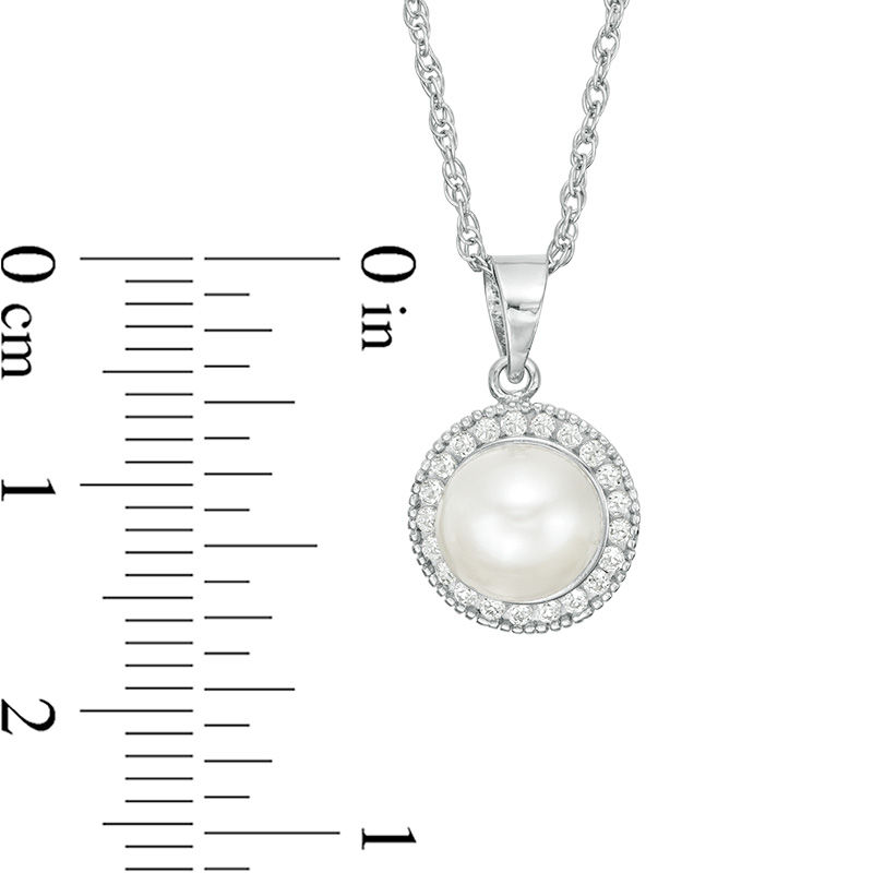 Button Cultured Freshwater Pearl and Lab-Created White Sapphire Frame Pendant and Stud Earrings Set in Sterling Silver