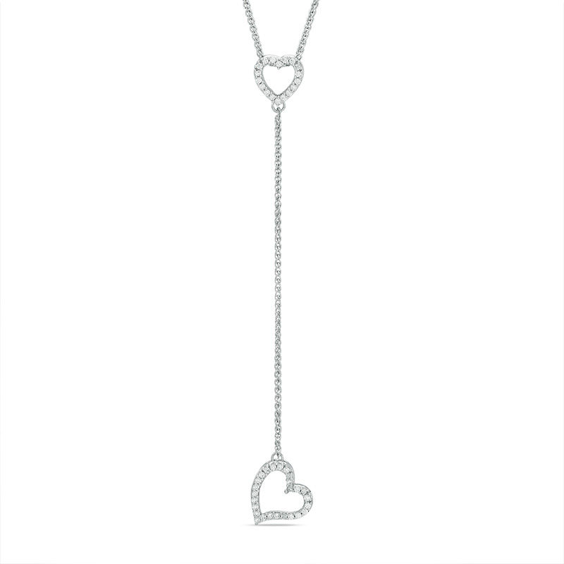 0.15 CT. T.W. Diamond Tilted Heart "Y" Necklace in Sterling Silver - 38"