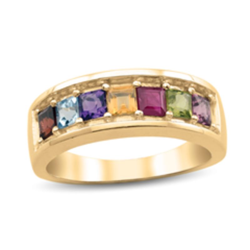 Mother's Princess-Cut Simulated Birthstone Family Ring in 10K White or Yellow Gold (3-7 Stones)
