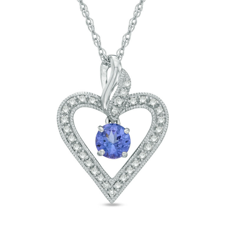Main Image 1 of 5.0mm Tanzanite and 0.10 CT. T.W. Diamond Vintage-Style Heart Pendant in Sterling Silver