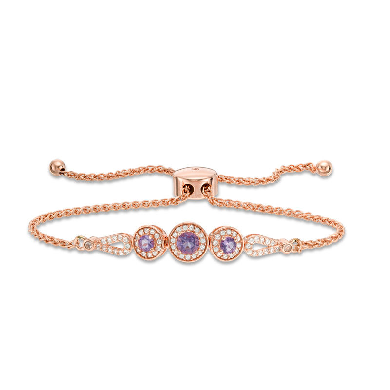 Main Image 1 of Rose de France and Lab-Created White Sapphire Frame Bolo Bracelet in Sterling Silver with 18K Rose Gold Plate - 9.0"