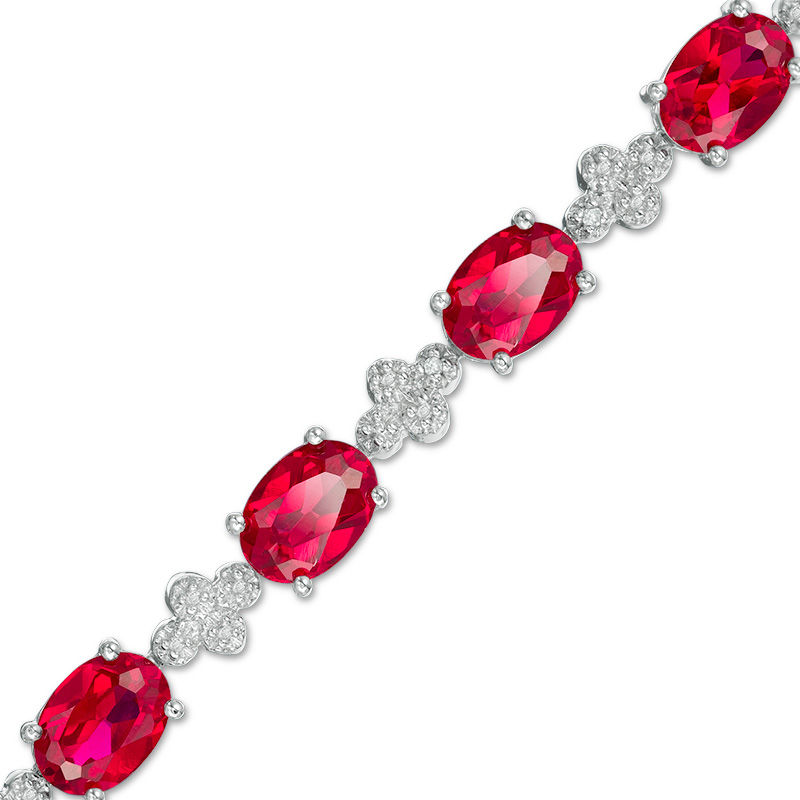 Oval Lab-Created Ruby and Diamond Accent Clover Bracelet in Sterling Silver - 7.25"|Peoples Jewellers