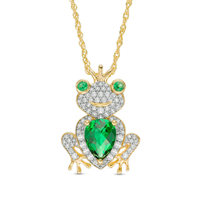 Pear-Shaped Lab-Created Emerald and White Sapphire Frog Prince Pendant in Sterling Silver with 14K Gold Plate