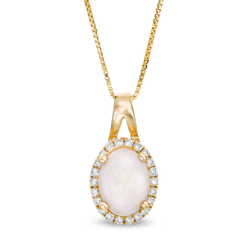 Oval Opal and 0.09 CT. T.W. Diamond Frame Pendant in 10K Gold