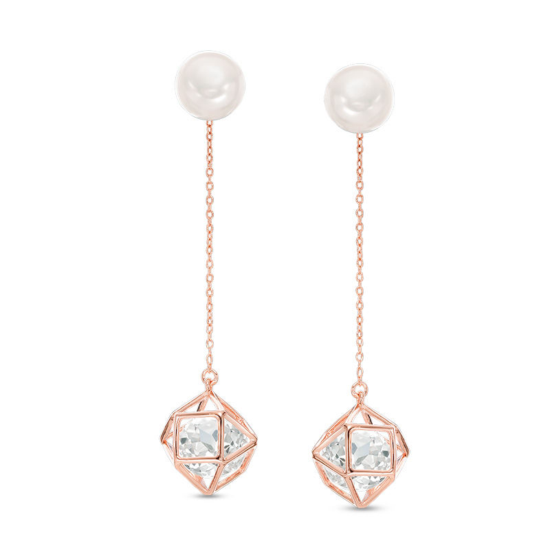 Cultured Freshwater Pearl and Lab-Created White Sapphire Cage Drop Earrings in Sterling Silver with 18K Rose Gold Plate