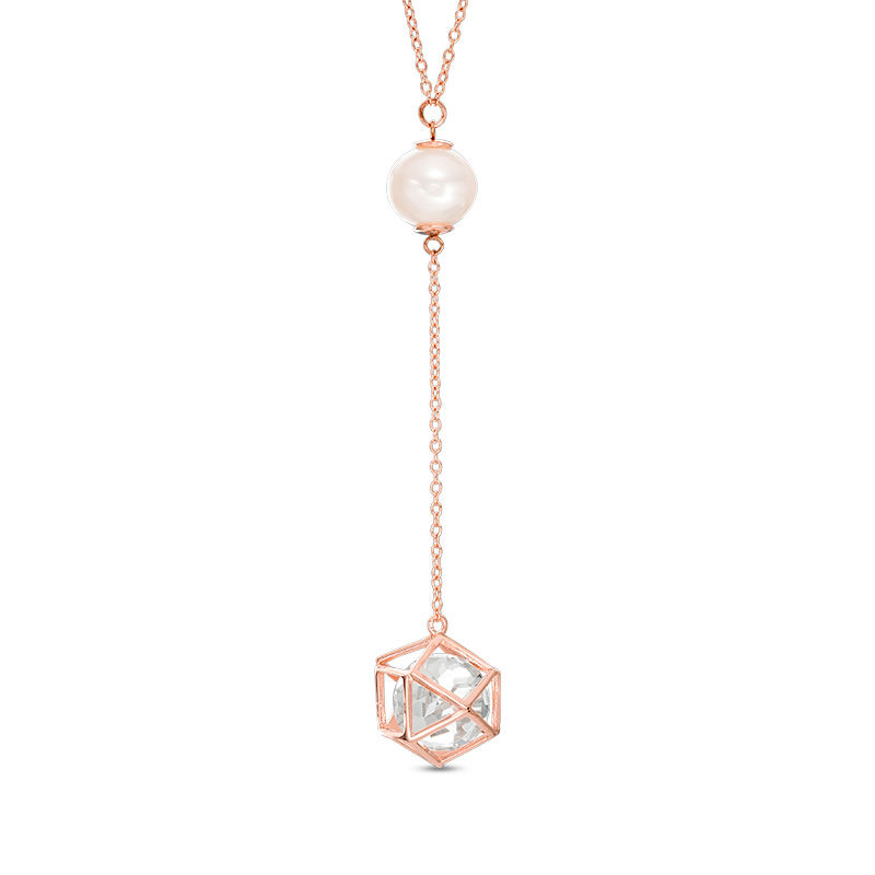 Main Image 1 of Freshwater Cultured Pearl and Lab-Created White Sapphire Cage Drop Necklace in Sterling Silver with 18K Rose Gold Plate