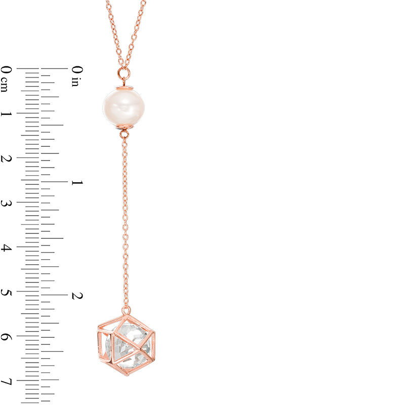 Main Image 2 of Freshwater Cultured Pearl and Lab-Created White Sapphire Cage Drop Necklace in Sterling Silver with 18K Rose Gold Plate