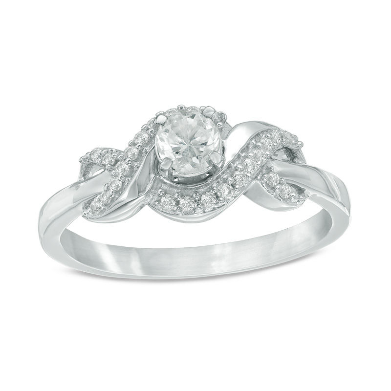 4.0mm Lab-Created White Sapphire and 0.09 CT. T.W. Diamond Infinity Frame Promise Ring in Sterling Silver