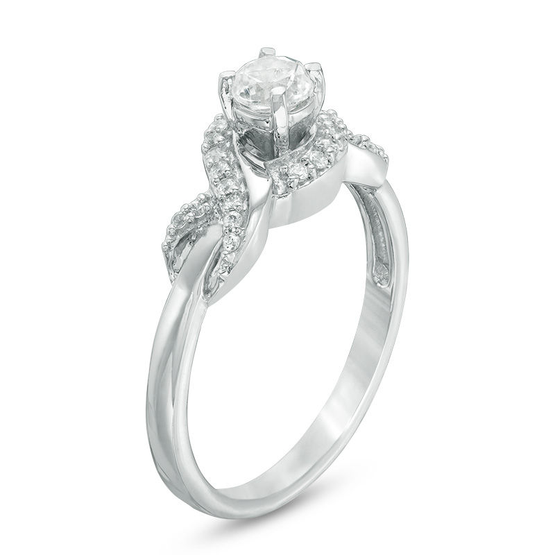 4.0mm Lab-Created White Sapphire and 0.09 CT. T.W. Diamond Infinity Frame Promise Ring in Sterling Silver