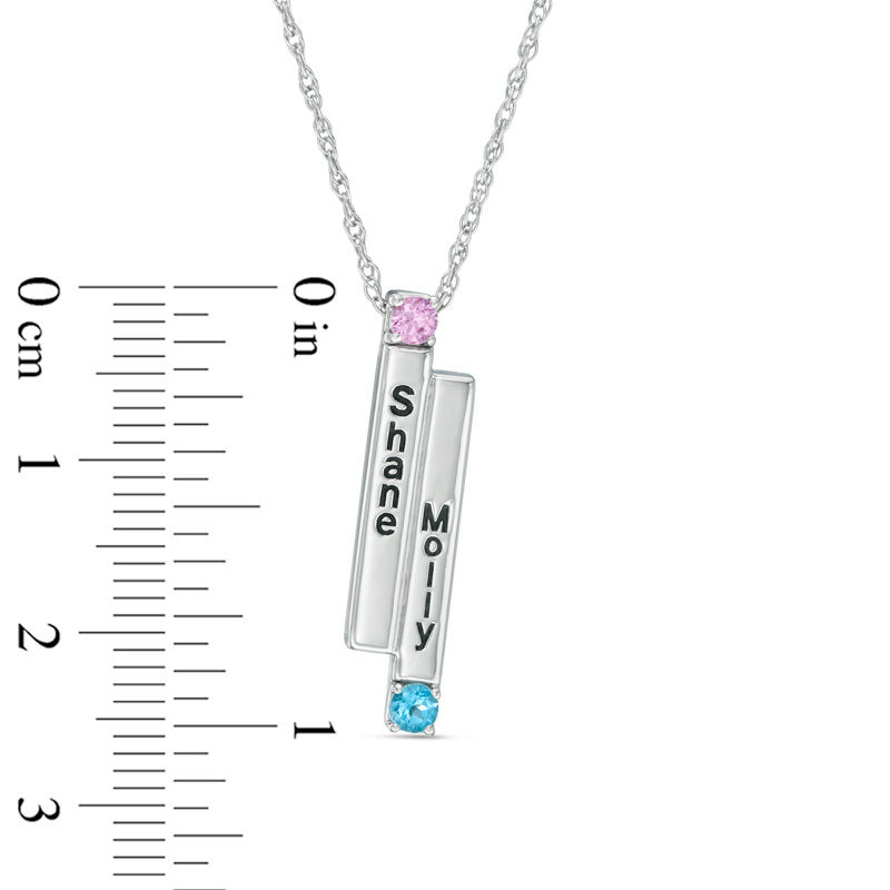 Main Image 2 of Couple's Simulated Birthstone Linear Double Bar Pendant in Sterling Silver (2 Stones and Names)