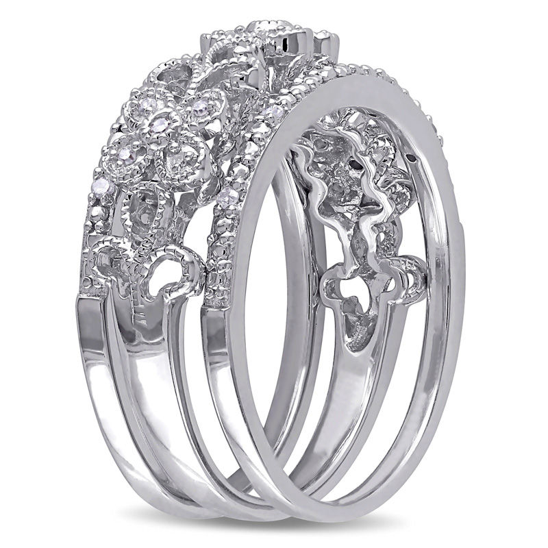 0.10 CT. T.W. Diamond Flower Filigree Three Piece Stackable Band Set in Sterling Silver