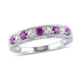 Lab-Created Ruby and White Sapphire Vintage-Style Stackable Band in Sterling Silver
