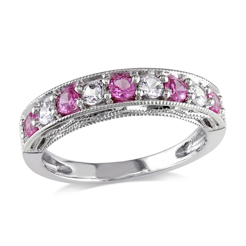 Main Image 1 of Lab-Created Pink and White Sapphire Vintage-Style Stackable Band in Sterling Silver