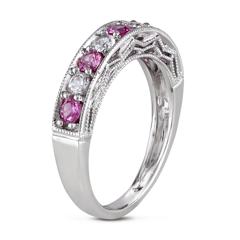 Main Image 2 of Lab-Created Pink and White Sapphire Vintage-Style Stackable Band in Sterling Silver