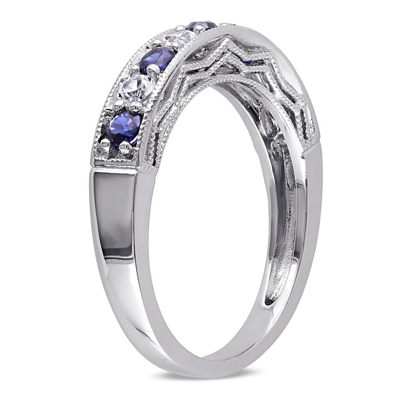 Main Image 2 of Lab-Created Blue and White Sapphire Vintage-Style Stackable Band in Sterling Silver
