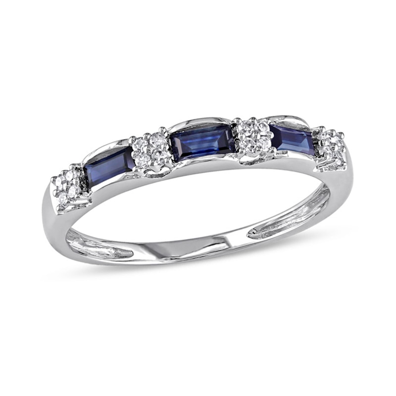 Baguette Blue Sapphire and Diamond Accent Three Stone Band in 10K White Gold|Peoples Jewellers