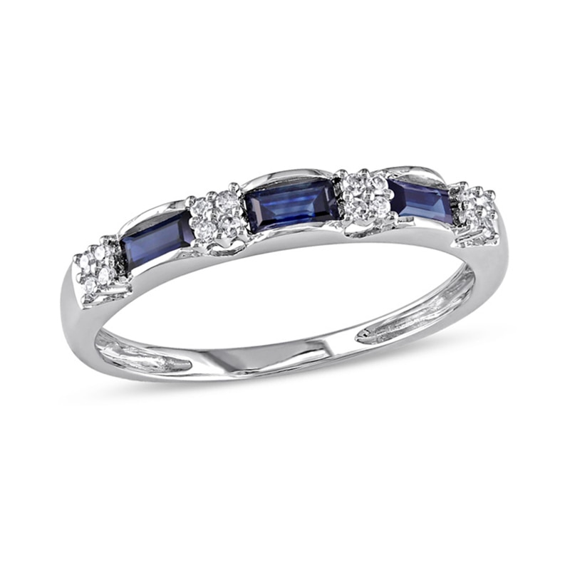 Baguette Blue Sapphire and Diamond Accent Three Stone Band in 10K White Gold