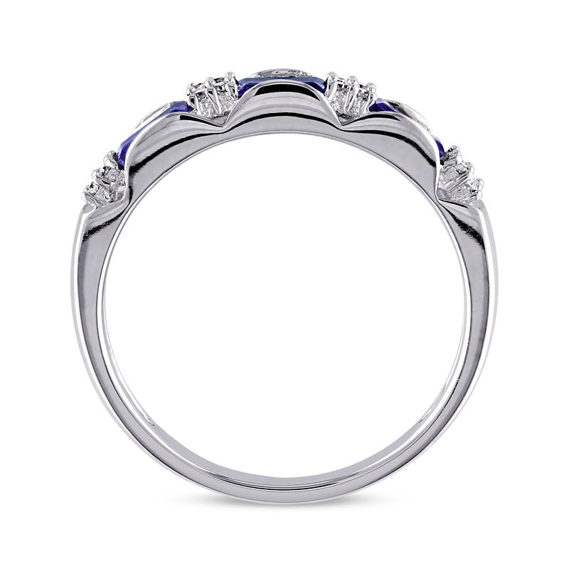 Baguette Blue Sapphire and Diamond Accent Three Stone Band in 10K White Gold