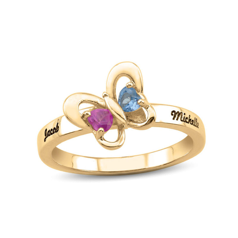 Couple's Heart-Shaped Simulated Birthstone Butterfly Ring in 10K White or Yellow Gold (2 Stones and Names)