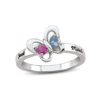 Couple's Heart-Shaped Simulated Birthstone Butterfly Ring in 10K White or Yellow Gold (2 Stones and Names)