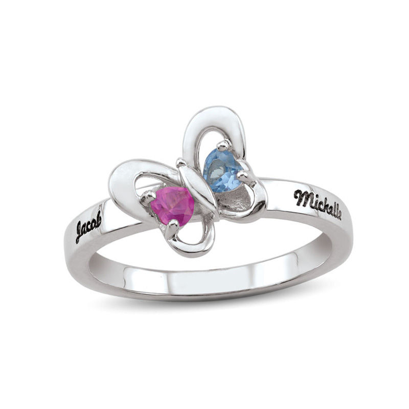 Couple's 3.0mm Heart-Shaped Birthstone Butterfly Ring in Sterling Silver (2 Stones and Names)