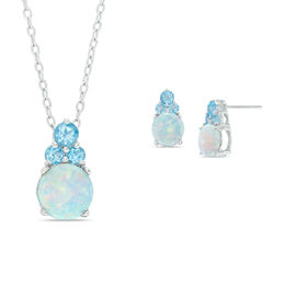 Lab-Created Opal and Swiss Blue Topaz Trio Pendant and Drop Earrings Set in Sterling Silver