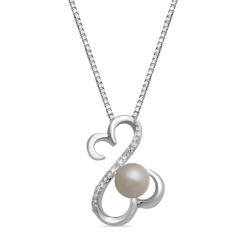 Open Hearts by Jane Seymour™ 5.0mm Cultured Freshwater Pearl and 0.04 CT. T.W. Diamond Pendant in Sterling Silver