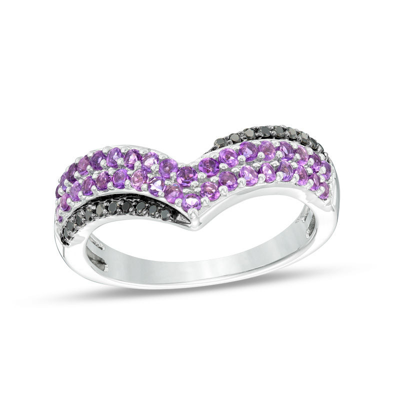 Amethyst and 0.09 CT. T.W. Black Diamond Triple Row Chevron Band in Sterling Silver